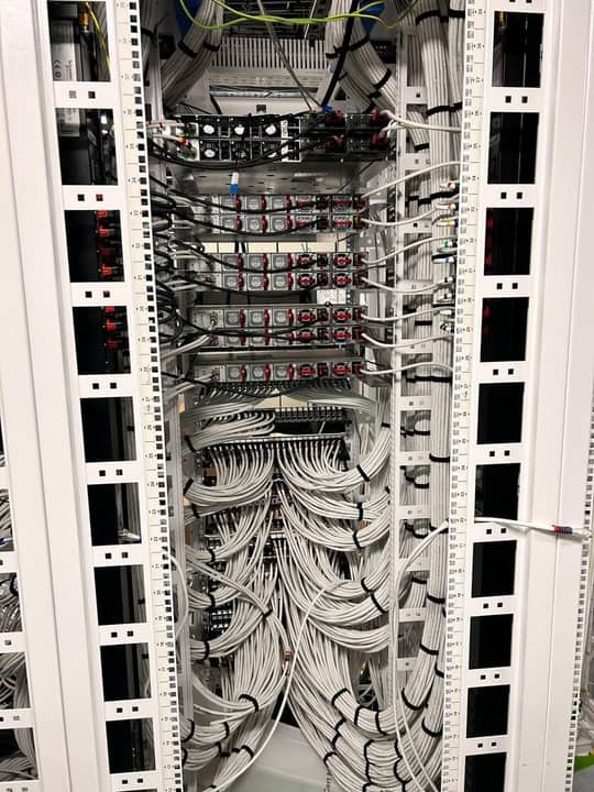 High-density rack with dressed grey cable waterfalls