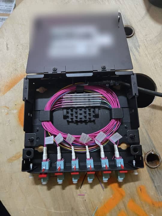 Fibre termination housing with splices and labelled patch leads
