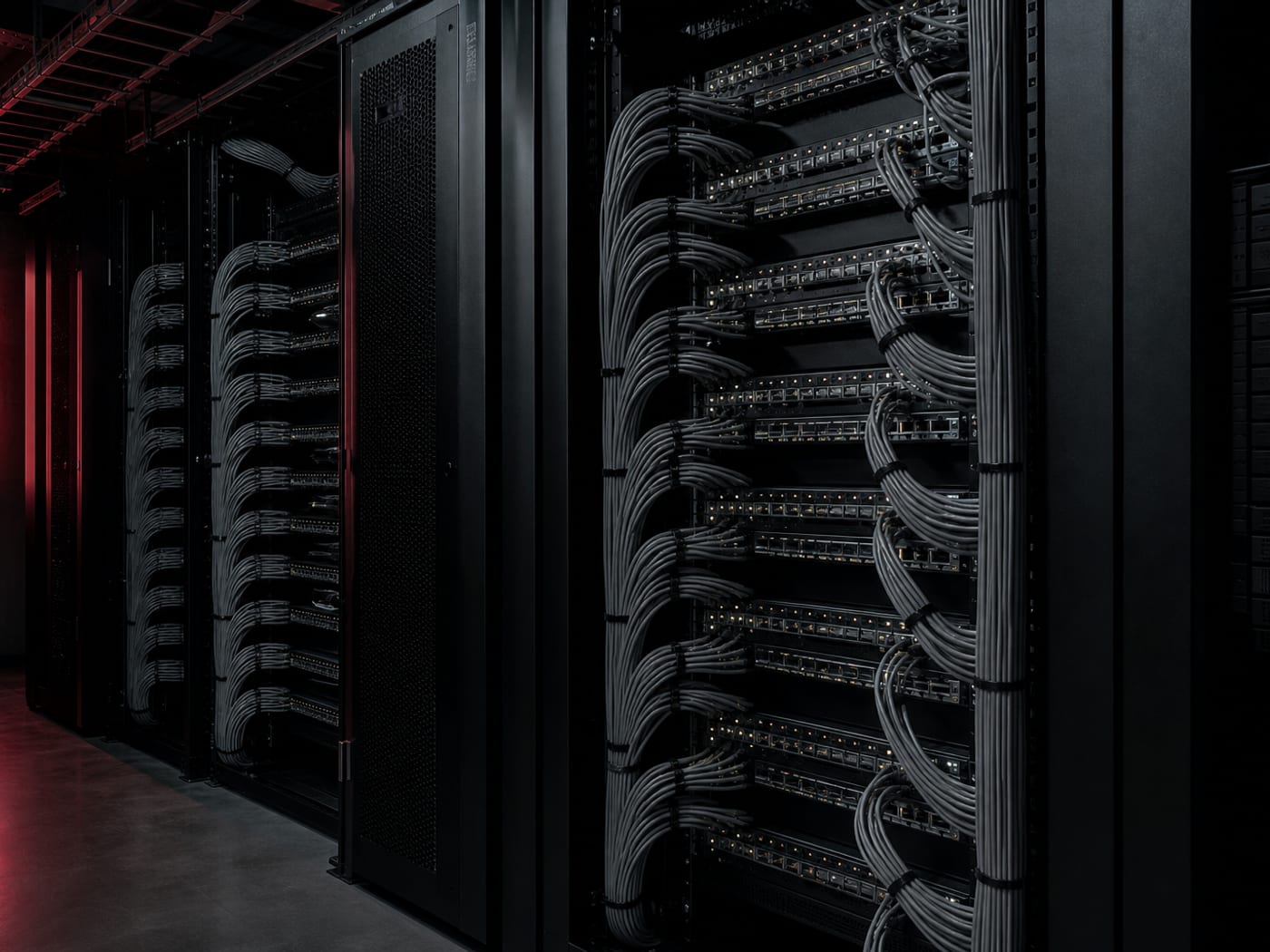 High-density comms rack with dressed grey cable waterfalls